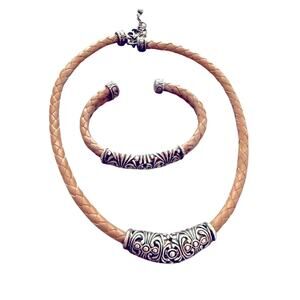 Joseph Esposito ESPO 925 Sterling Silver Braided Leather Necklace & Bracelet SET